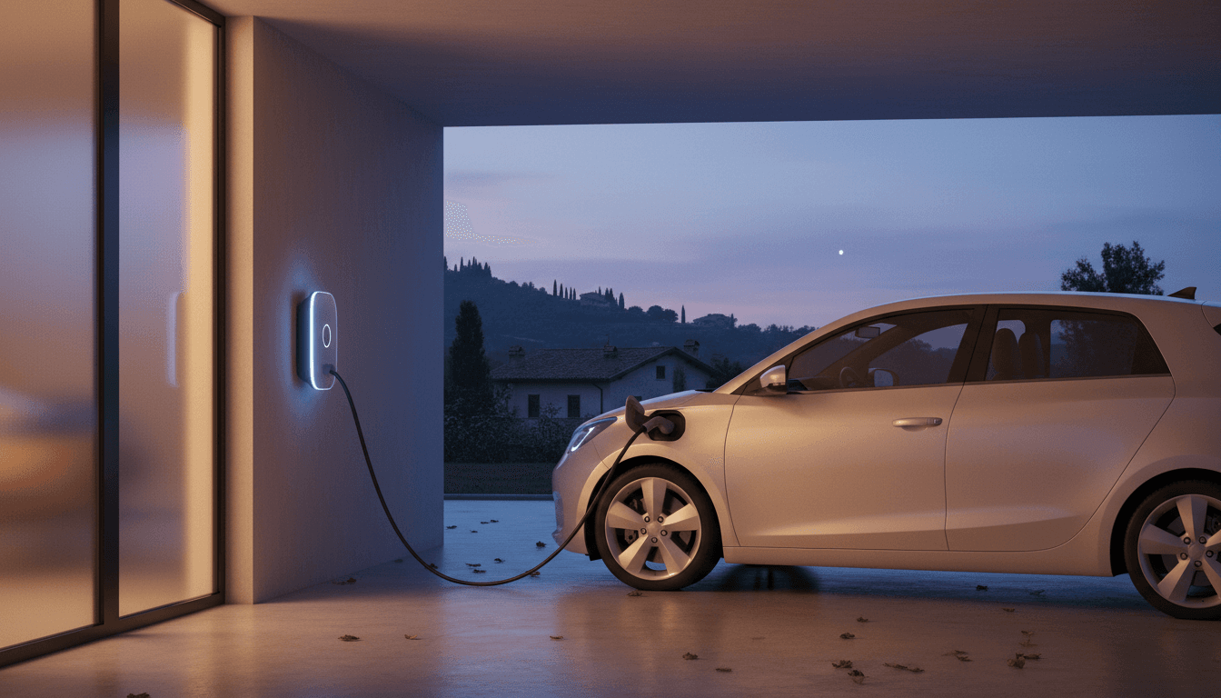 Colonnina di ricarica montata a parete in un garage domestico con un'auto elettrica parcheggiata al crepuscolo